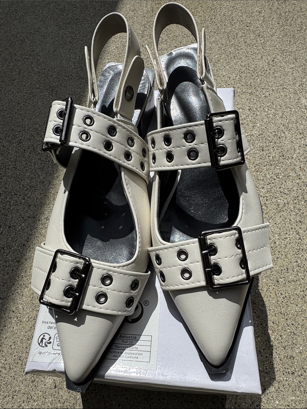 White Pointed-Toe Slingback Mules with Buckle Straps